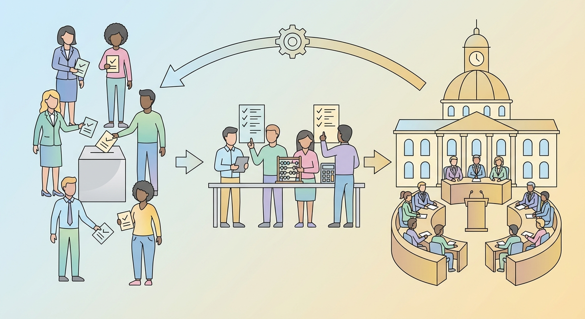 Illustration der viser hvordan Hvordan fungerer demokratiet? fungerer