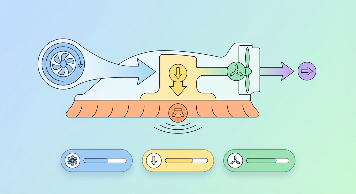 Illustration der viser hvordan Hvordan fungerer en luftpudebåd? fungerer