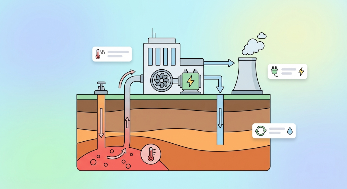 Illustration der viser hvordan Hvordan fungerer geotermisk energi? fungerer