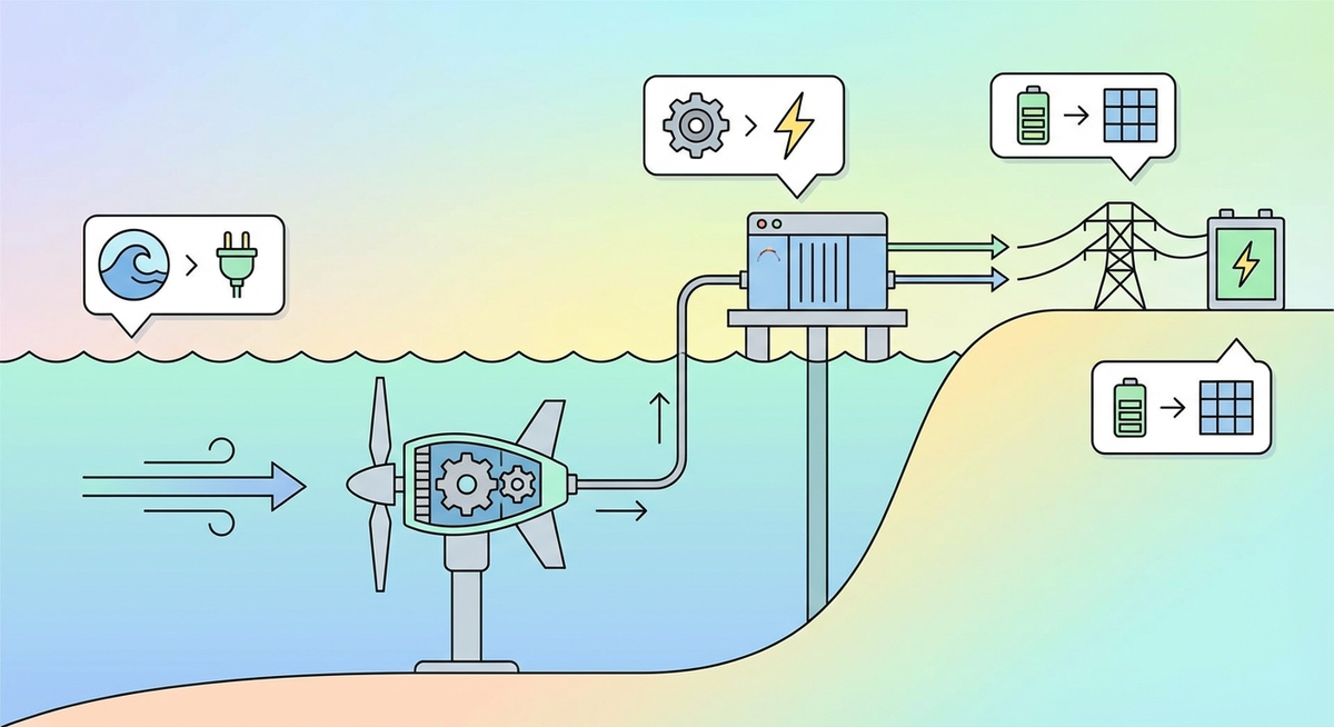 Illustration der viser hvordan Hvordan fungerer havstroemenergi? fungerer