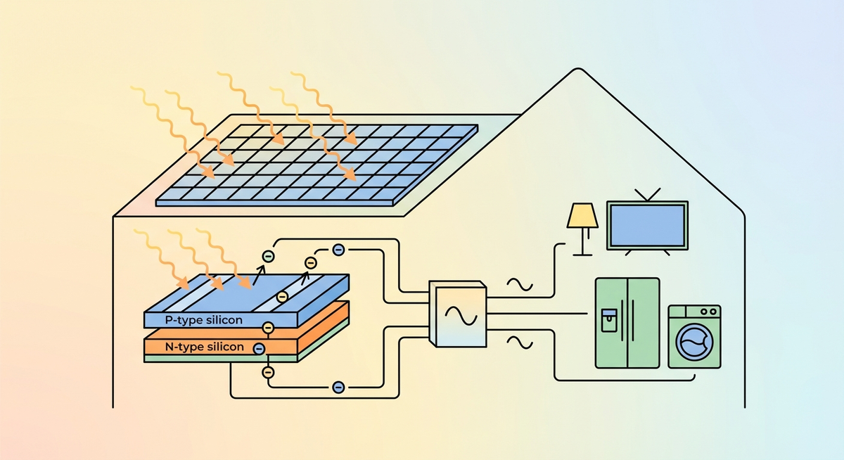 Illustration der viser hvordan Hvordan fungerer solceller? fungerer