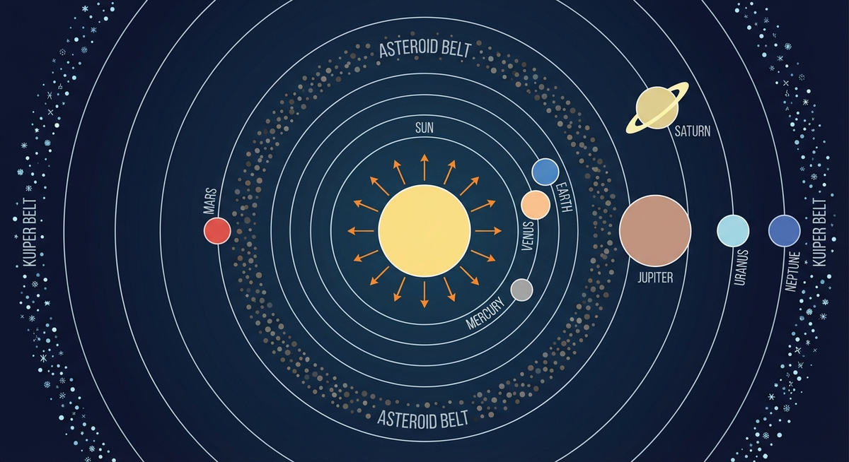 Illustration der viser hvordan Hvordan fungerer solsystemet? fungerer