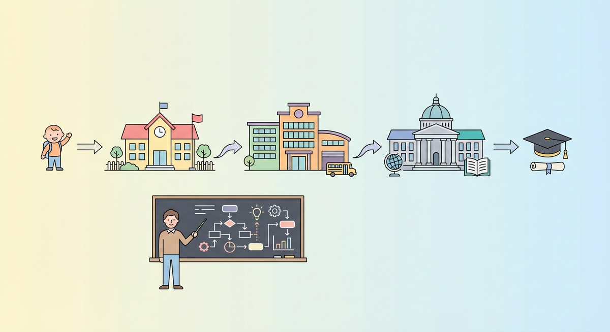 Illustration der viser hvordan Hvordan fungerer uddannelsessystemet? fungerer